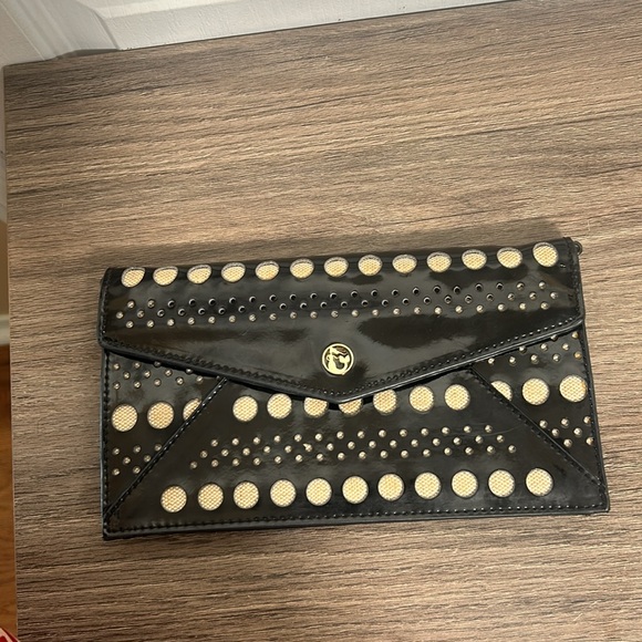 SPARTINA 449 GENUIN LEATHER DOTTED CLUTCH IN BLACK AND CREAM - Picture 8 of 8